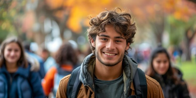 Un jeune homme heureux avec un sac à dos apprécie l'automne sur le campus