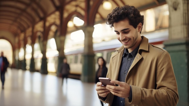 Un jeune homme heureux avec un smartphone dans le métro.