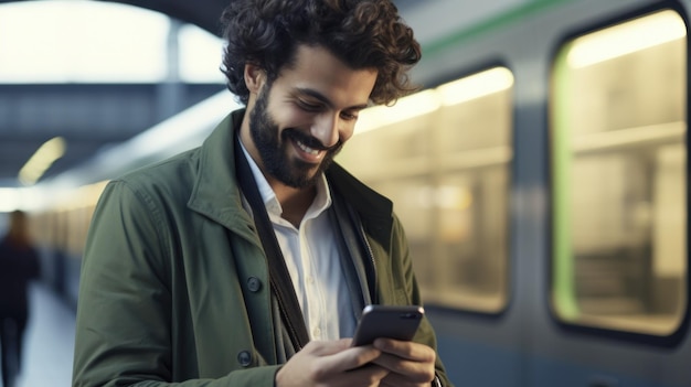 Un jeune homme heureux avec un smartphone dans le métro.