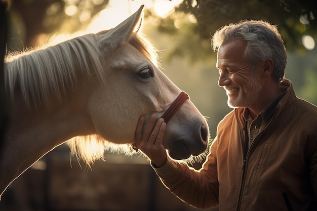 Un jeune homme heureux touchant un cheval avec l'IA générative