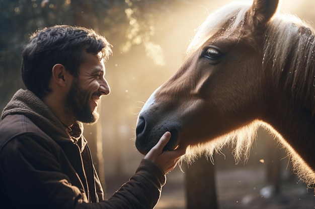 Un jeune homme heureux touchant un cheval avec l'IA générative