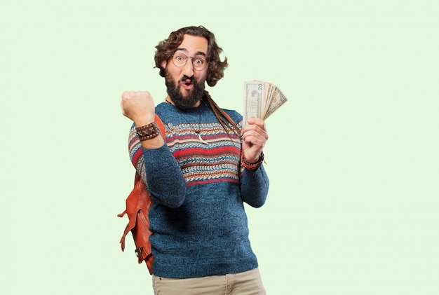 Photo jeune homme hippie avec des billets