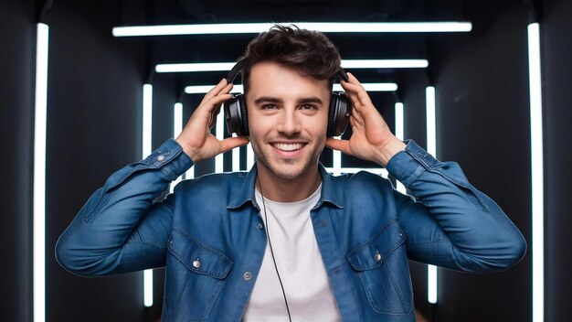 Photo le jeune homme hipster beau et heureux écoutant de la musique avec des écouteurs dans un studio noir avec de la lumière au néon