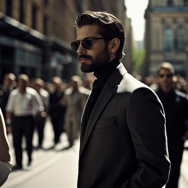 Un jeune homme hipster en costume noir barbe noire et lunettes de soleil pose modale