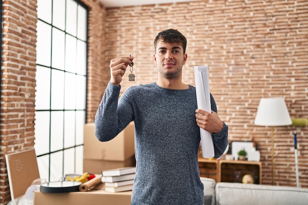 Jeune homme hispanique tenant les clés de la nouvelle maison et des plans détendus avec une expression sérieuse sur le visage simple et naturel en regardant la caméra