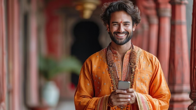 Photo un jeune homme indien en kurta orange traditionnel souriant tout en tenant un smartphone