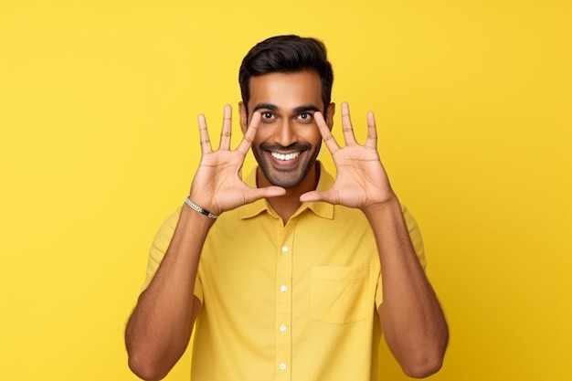 jeune homme indien portant un polo debout sur un fond jaune isolé faisant un geste ok avec la main