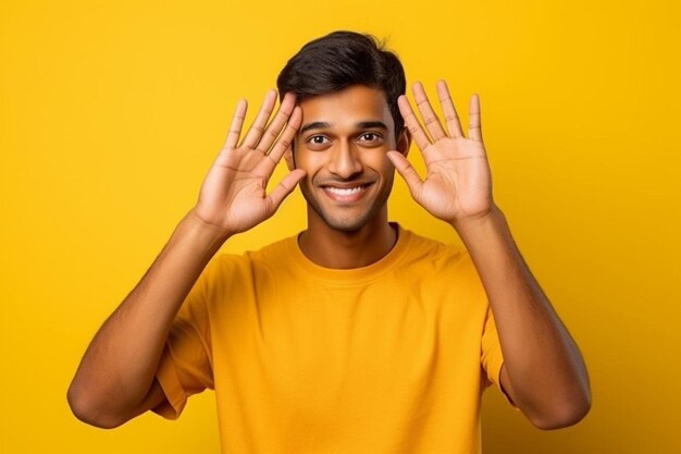 jeune homme indien portant un polo debout sur un fond jaune isolé faisant un geste ok avec la main