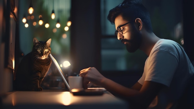 Jeune homme indien utilisant un ordinateur portable à la table de travail la nuit au bureau à domicile avec une image générée par le réseau de neurones de chat