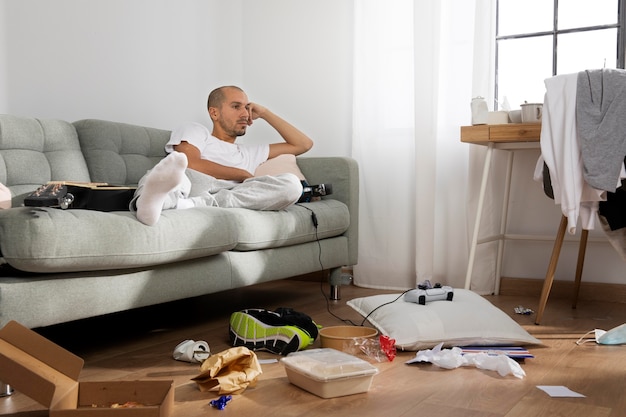 Jeune homme isolé à la maison