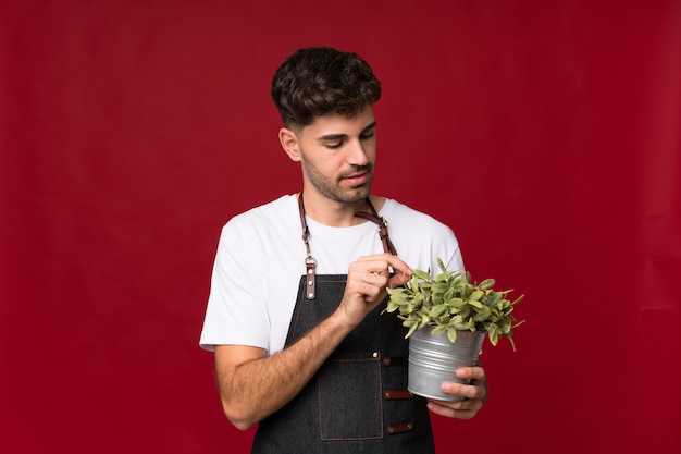 Jeune homme isolé prenant un pot de fleurs