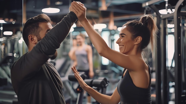 Photo un jeune homme et une jeune femme s'entraînent dans une salle de sport. ils sourient et semblent heureux.