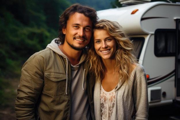 Un jeune homme et une jeune fille heureux et souriants se tiennent devant un camping-car dans la forêt Un beau couple s'embrassant près d'un camping-car Camping dans la nature