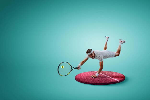 Jeune homme jouant au tennis - figurine sur un stand. Technique mixte