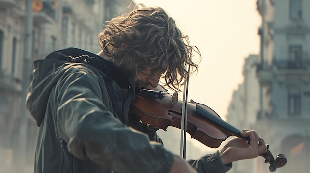 Un jeune homme jouant du violon dans la ville.