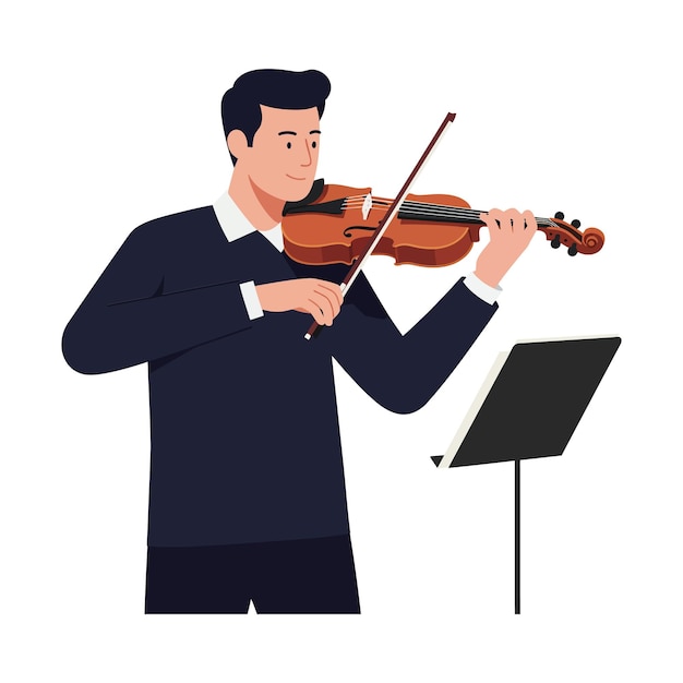Jeune homme jouant du violon avec des partitions en art vectoriel plat et minimal