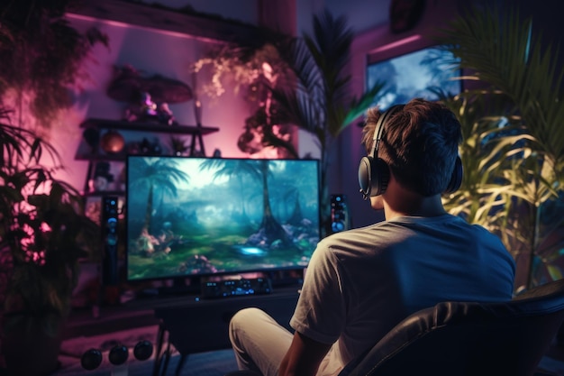 Jeune homme jouant à des jeux vidéo à la maison salle lumineuse Gamer sport addiction jouer à l'intérieur Générer Ai