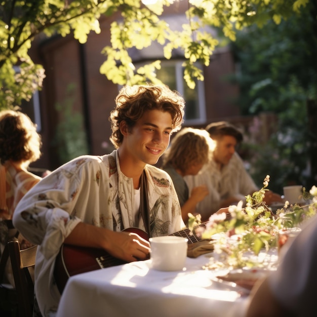 Un jeune homme joue de la guitare lors d'une fête dans le jardin.