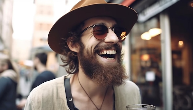 Photo un jeune homme joyeux avec une barbe appréciant la vie urbaine générée par l'intelligence artificielle