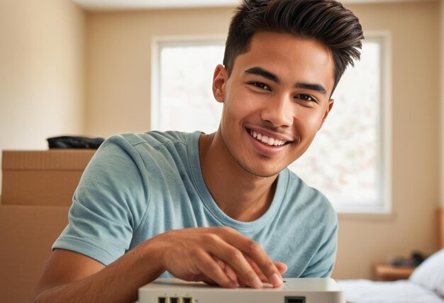 Photo un jeune homme joyeux fait probablement des achats en ligne ou regarde des contenus numériques sur sa tablette à la maison.