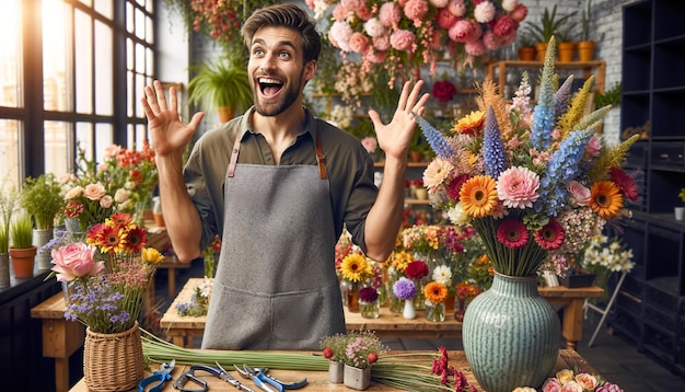 Photo jeune homme joyeux fleuriste dans son atelier