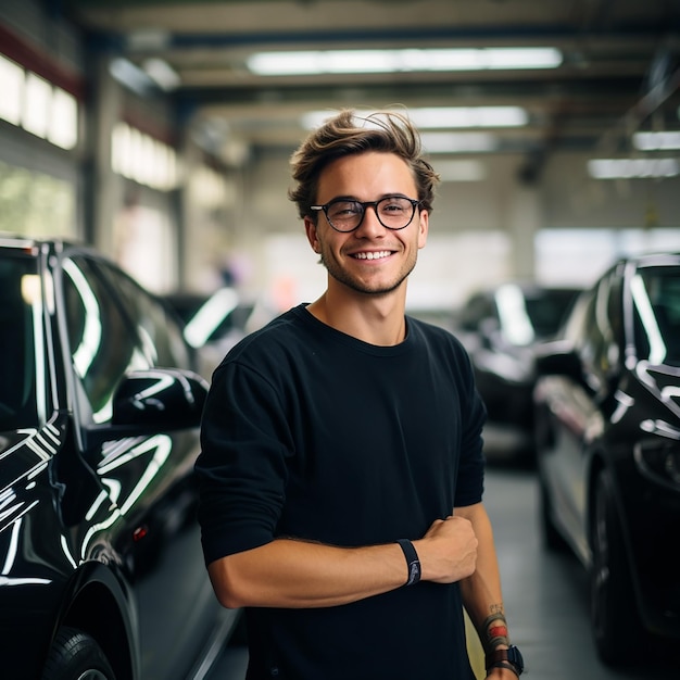 Un jeune homme joyeux polie ses lunettes