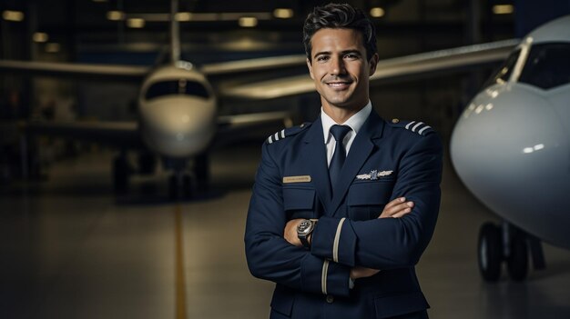 Jeune homme joyeux travailleur de la compagnie aérienne touchant le chapeau du capitaine et souriant alors qu'il se tient dans l'aérodrome avec l'avion en arrière-plan