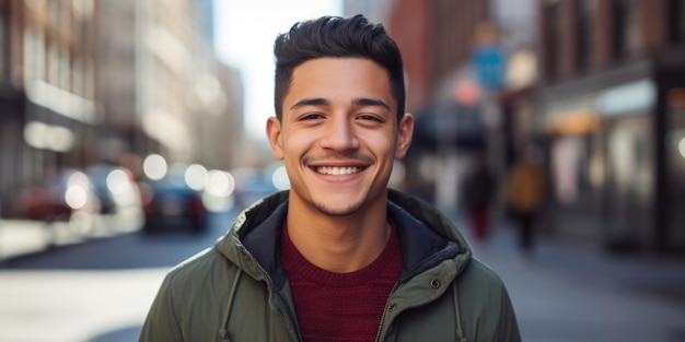 Photo jeune homme latino heureux dans une ville urbaine souriant portrait de visage hispanique en tenue décontractée à new york