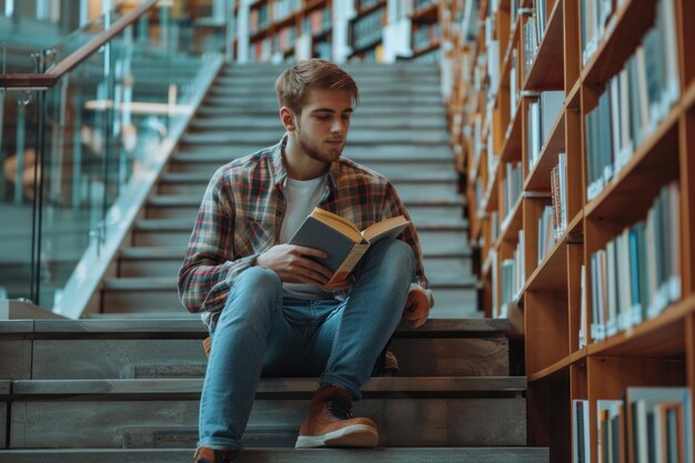 Un jeune homme lisant un livre assis sur les escaliers de la bibliothèque du collège