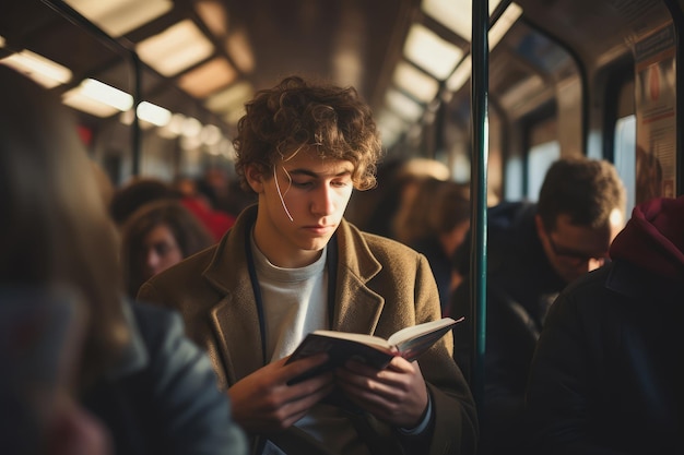 Photo jeune homme lisant un livre dans une rame de métro personnes en arrière-plan