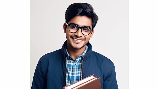 Un jeune homme avec des lunettes et une chemise bleue tient un livre.