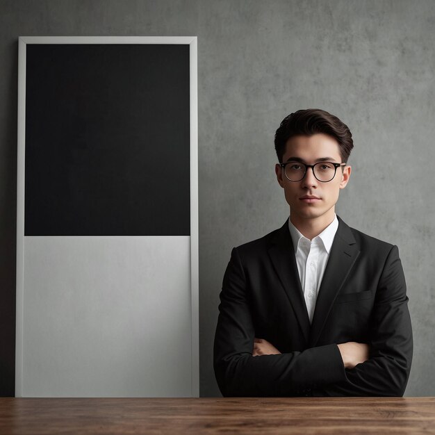 un jeune homme en lunettes et un costume est assis à une table en bois à côté d'un tableau noir