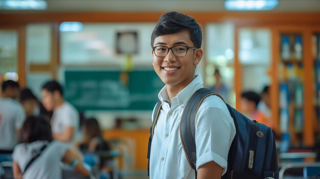 Photo un jeune homme avec des lunettes dans une salle de classe