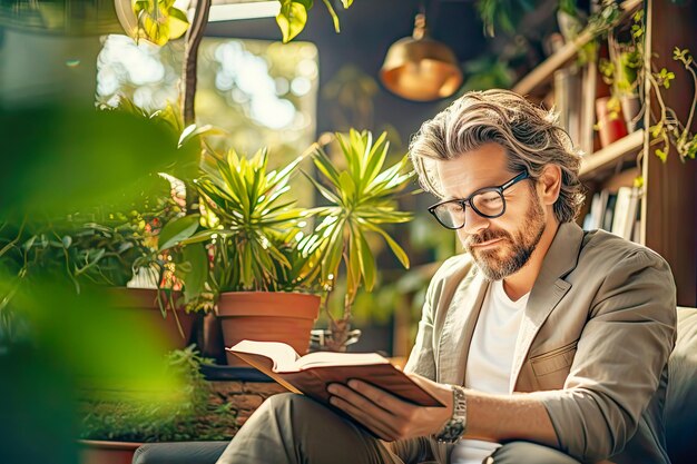 Jeune homme en lunettes lisant un livre dans une bibliothèque, une librairie ou un café-librairie confortable et durable