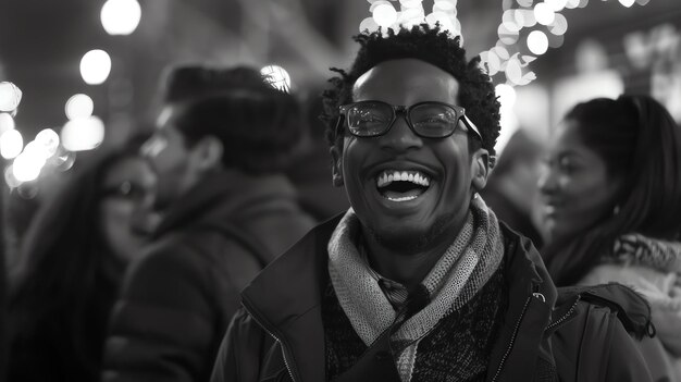 Photo un jeune homme avec des lunettes rit il porte un foulard et une veste le fond est flou avec des lumières