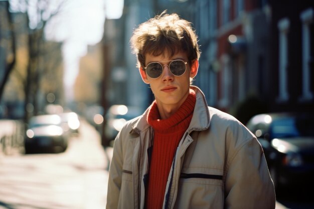 un jeune homme à lunettes de soleil debout dans une rue de la ville