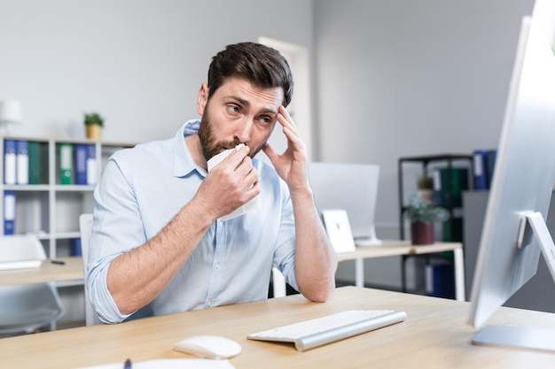 Jeune homme malade et fatigué au travail Employé de bureau gestionnaire pigiste assis à un bureau dans le bureau ne se sent pas bien essuie son nez a le nez qui coule tousse maux de tête tient sa tête