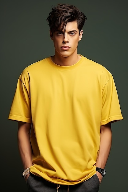 Jeune homme en maquette de chemise jaune sur fond vert Conception de t-shirt pour la présentation d'impression