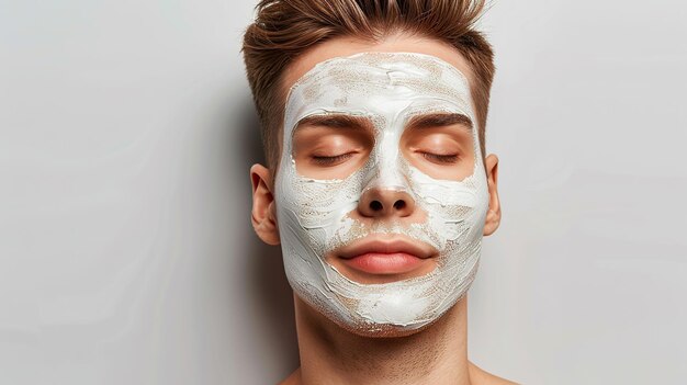 Jeune homme avec un masque facial en argile sur le fond du studio