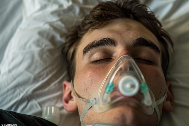 Photo un jeune homme avec un masque d'oxygène allongé dans le lit.