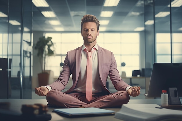 Photo un jeune homme médite assis sur un bureau de bureau.