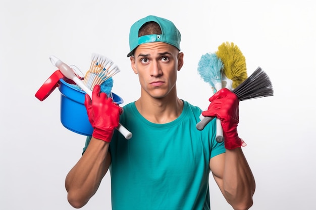 Jeune homme de ménage à l'aspect triste portant un t-shirt et une casquette tenant un seau d'outils de nettoyage.