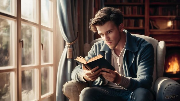 Photo un jeune homme mignon qui lit un livre.