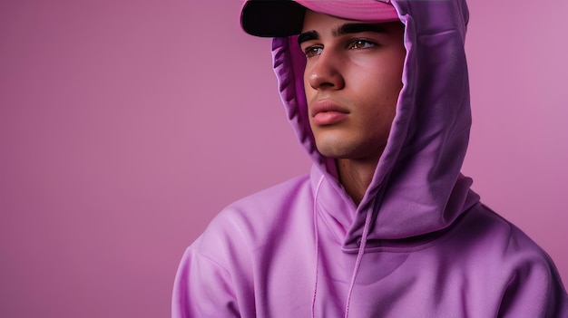 Photo un jeune homme à la mode avec une capuche colorée et un chapeau rose