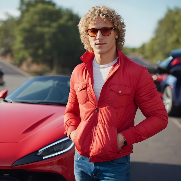 Un jeune homme à la mode posant avec une veste sur l'épaule devant la voiture rouge