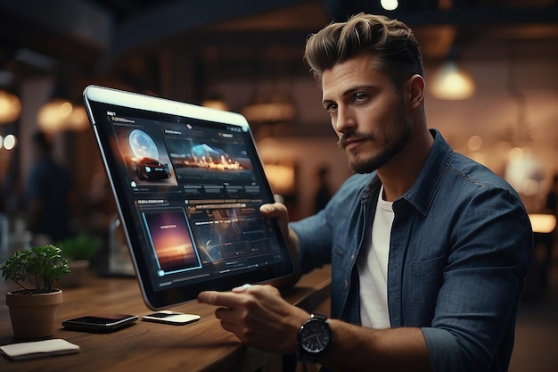 Un jeune homme montrant le concept du plan de marketing sur une tablette.