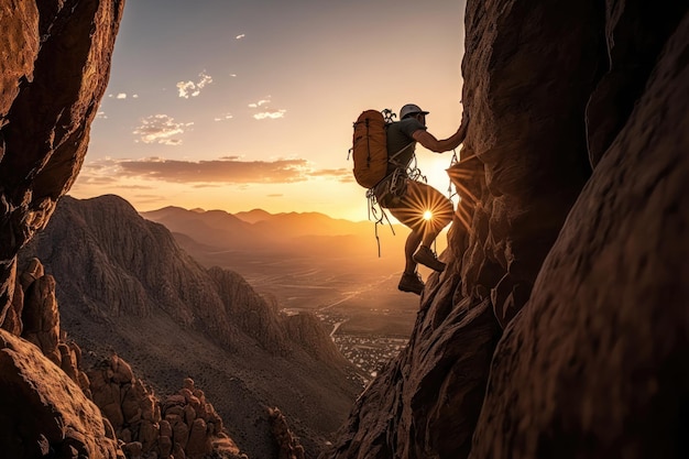 Jeune homme mur d'escalade avec relais avec vallée du lever du soleil en arrière-plan Génération AI