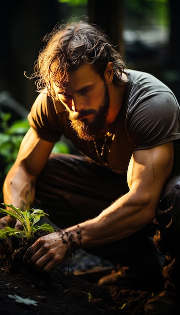 Un jeune homme musclé et barbu accroupi pour planter la pousse Un fermier plantant un petit buisson vert Vue supérieure IA générative