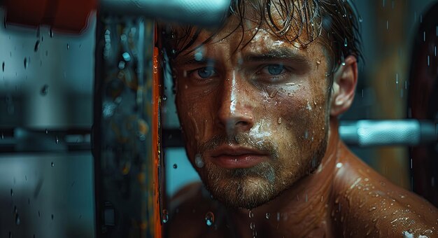 Photo un jeune homme musclé par une barre avec des disques rouges dans le style de paysages photoréalistes nuit pho