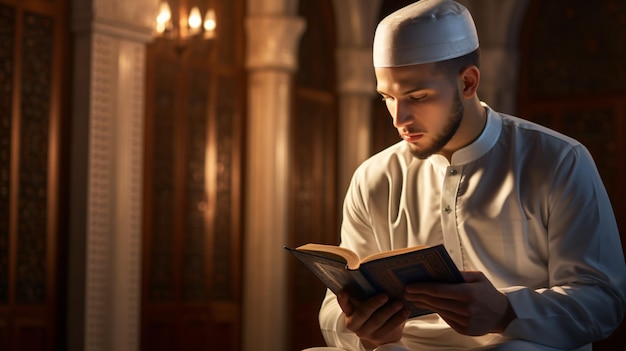 Photo jeune homme musulman lisant le coran à l'intérieur